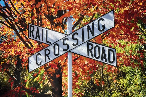 Signs: Vintage Rail Crossing  Sign in a Bright Autumn Day by George Oze