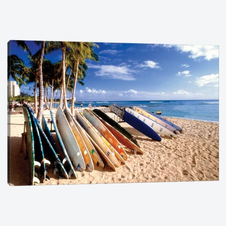 Waikiki Beach Surfboards Canvas Print #GOZ231} by George Oze Canvas Artwork