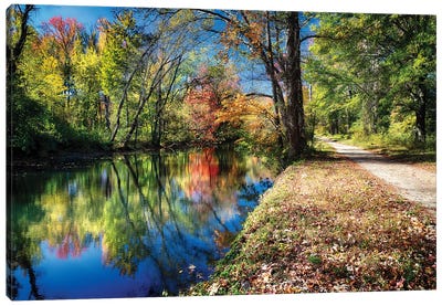 Bright Autumn Day at the D & R Canal, Princeton, New Jersey Canvas Art Print - George Oze