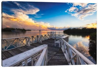 Wooden Dock with Sunset, La Parguera, Puerto Rico Canvas Art Print - Nautical Scenic Photography
