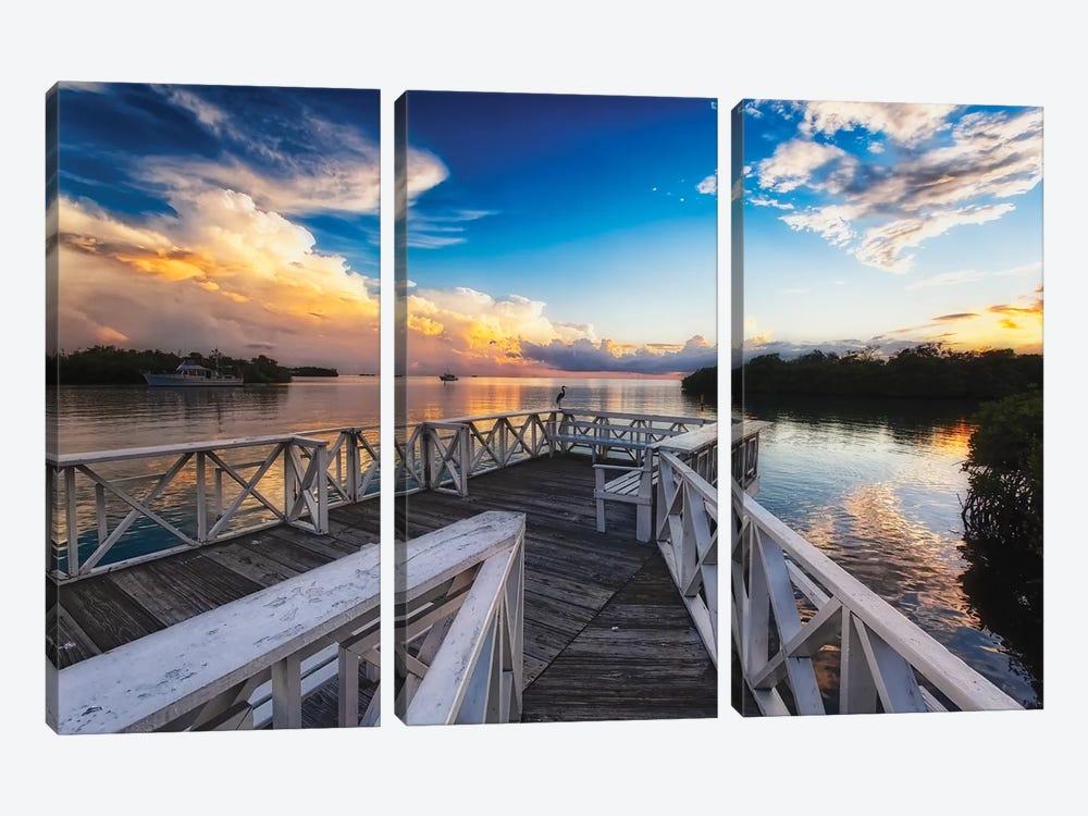Wooden Dock with Sunset, La Parguera, Puerto Rico by George Oze 3-piece Canvas Artwork