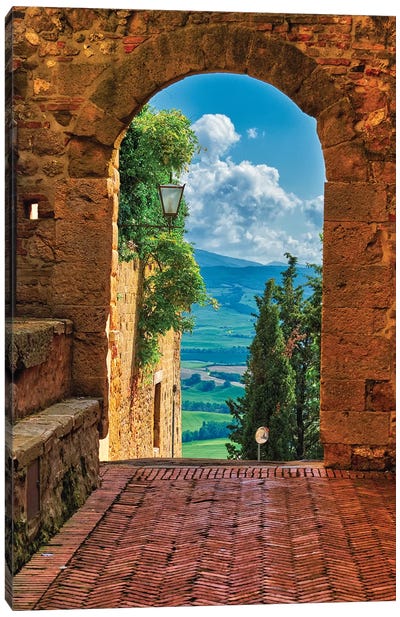 Arch With The View Of The Tuscan Countryside, Pienza, Tuscany, Italy Canvas Art Print - Scenic & Nature Photography