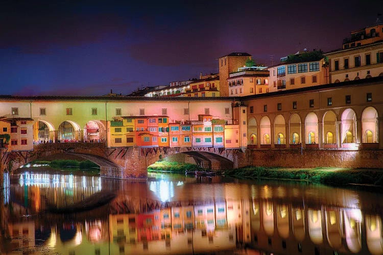 Arno River Night Reflections At Ponte Vecchio, Florence, Tuscany, Italy