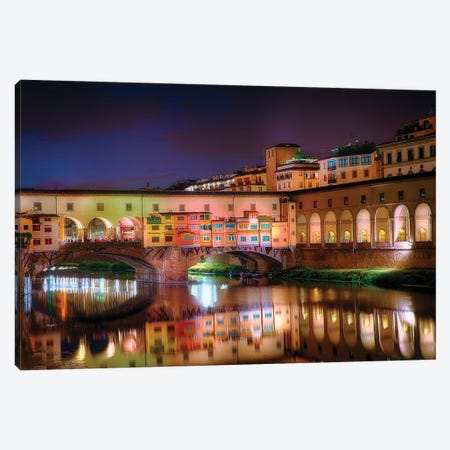 Arno River Night Reflections At Ponte Vecchio, Florence, Tuscany, Italy Canvas Print #GOZ244} by George Oze Canvas Wall Art