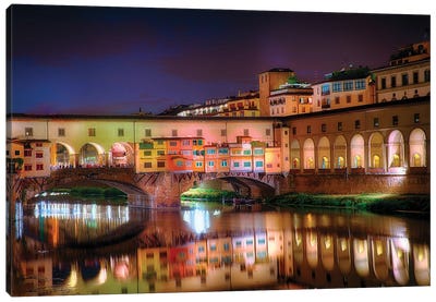 Arno River Night Reflections At Ponte Vecchio, Florence, Tuscany, Italy Canvas Art Print - Florence Art