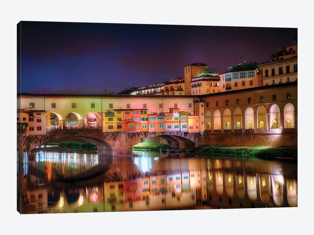 Arno River Night Reflections At Ponte Vecchio, Florence, Tuscany, Italy by George Oze 1-piece Canvas Art