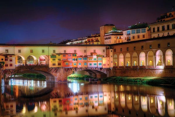 Arno River Night Reflections At Ponte Vecchio, Florence, Tuscany, Italy