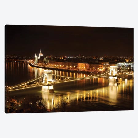 Budapest Nightscape With The Chain Bridge And The House Of The Parliement Canvas Print #GOZ247} by George Oze Canvas Artwork