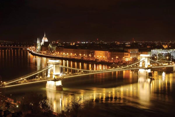 Hungary: Budapest Nightscape With The Chain Bridge And The House Of The Parliement by George Oze