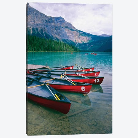 Canoes At A Dock, Emerald Lake, British Columbia, Canada Canvas Print #GOZ248} by George Oze Canvas Art Print