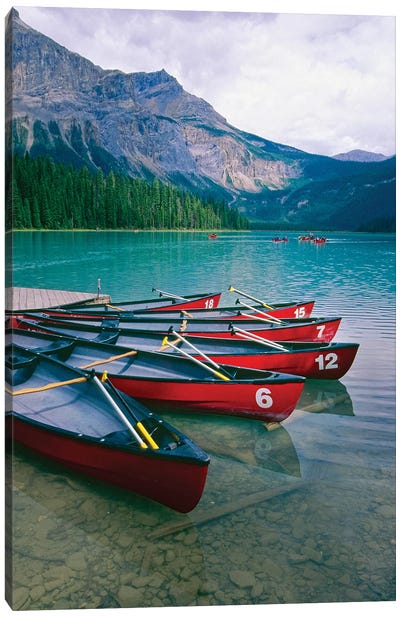 Canoes At A Dock, Emerald Lake, British Columbia, Canada Canvas Art Print - Canoe Art