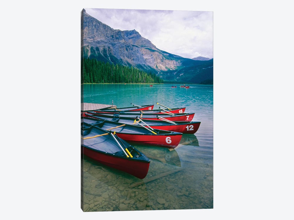 Canoes At A Dock, Emerald Lake, British Columbia, Canada by George Oze 1-piece Canvas Wall Art
