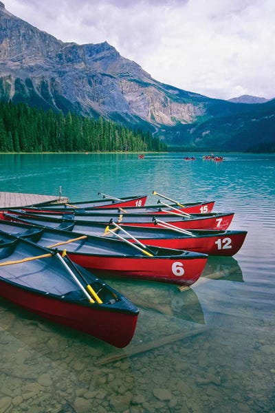 British Columbia: Canoes At A Dock, Emerald Lake, British Columbia, Canada by George Oze