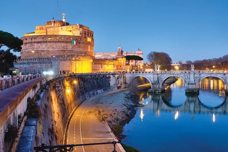 Castle Of The Holy Angel Lit Up At Dusk, Rome, Lazio, Italy