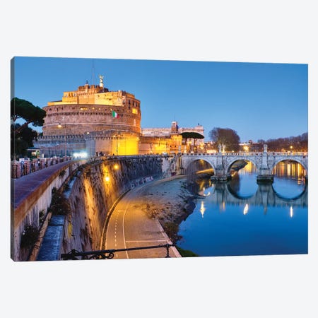 Castle Of The Holy Angel Lit Up At Dusk, Rome, Lazio, Italy Canvas Print #GOZ249} by George Oze Canvas Print