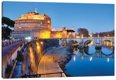 Castle Of The Holy Angel Lit Up At Dusk, Rome, Lazio, Italy Canvas Art Print - George Oze