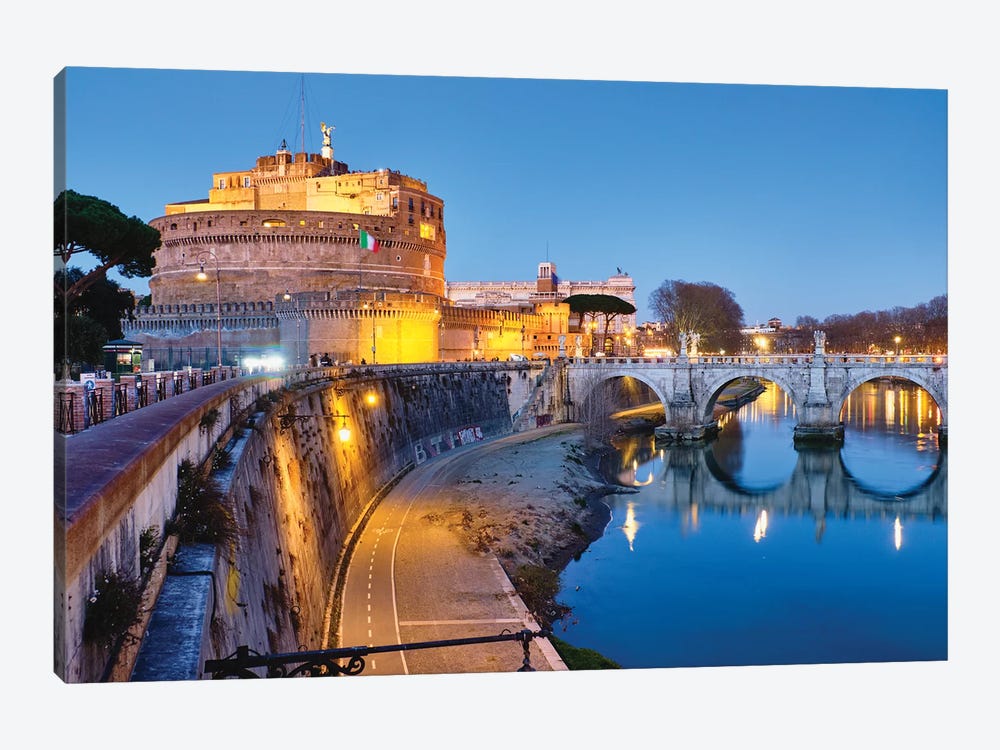 Castle Of The Holy Angel Lit Up At Dusk, Rome, Lazio, Italy by George Oze 1-piece Canvas Art Print