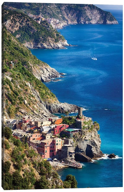 Cinque Terre Towns On The Cliffs, Vernazza And Corniglia, Liguria, Italy Canvas Art Print - Coastal Village & Town Art