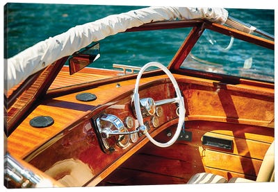 Classic Motorboat Steering Wheel And Controls, Lake Como, Italy Canvas Art Print - George Oze