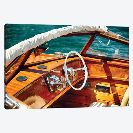 Classic Motorboat Steering Wheel And Controls, Lake Como, Italy Canvas Print #GOZ252} by George Oze Canvas Art