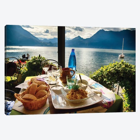 Food On A Restaurant Table With A Lake View Canvas Print #GOZ259} by George Oze Canvas Artwork