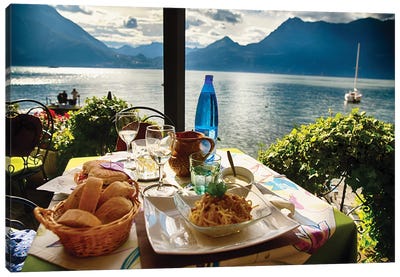 Food On A Restaurant Table With A Lake View Canvas Art Print - Restaurant & Diner Art