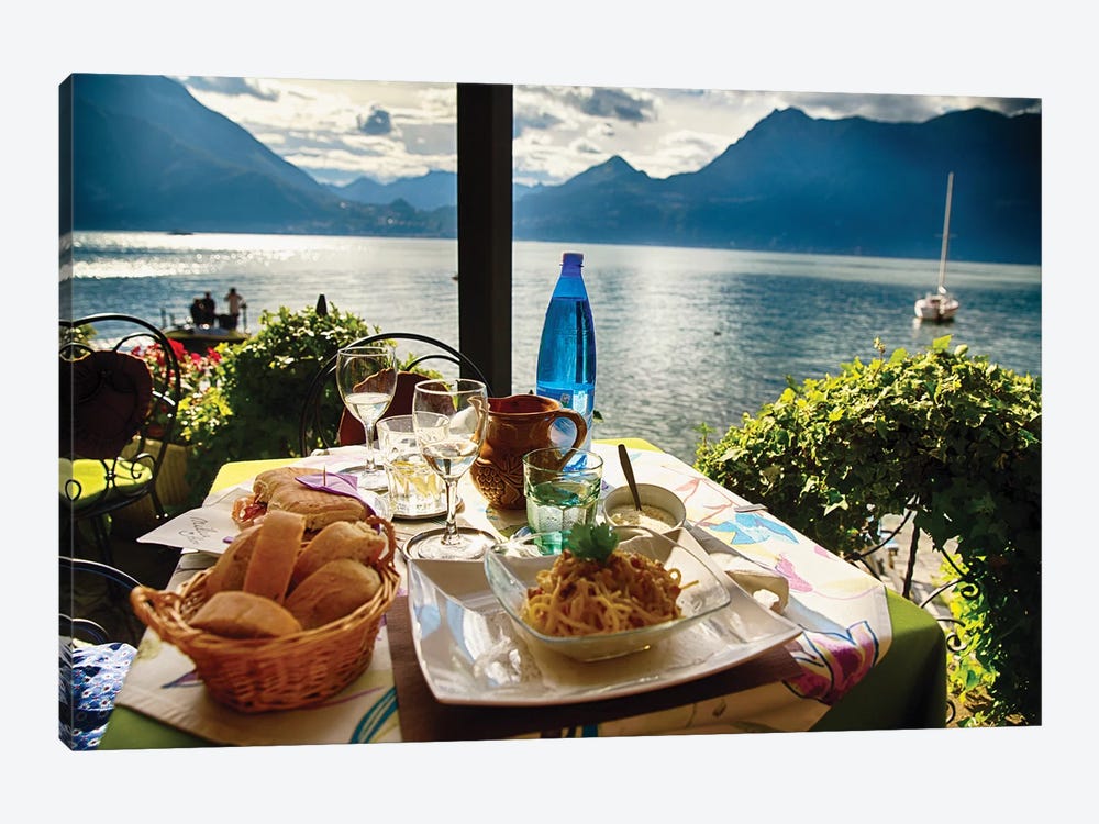 Food On A Restaurant Table With A Lake View by George Oze 1-piece Canvas Wall Art