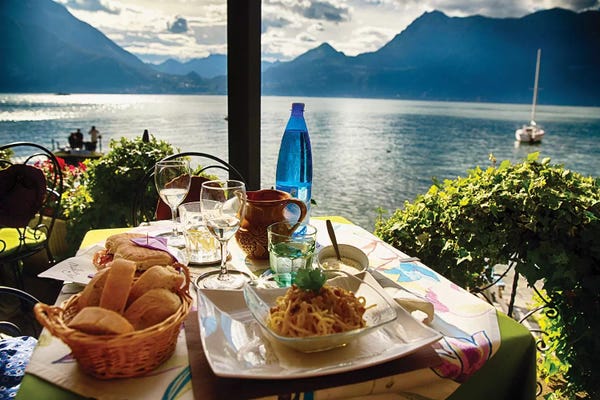 George Oze: Food On A Restaurant Table With A Lake View by George Oze