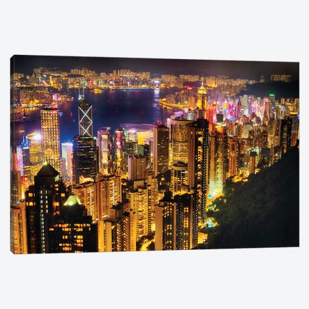 Hong Kong Night Skyline Canvas Print #GOZ261} by George Oze Canvas Art Print