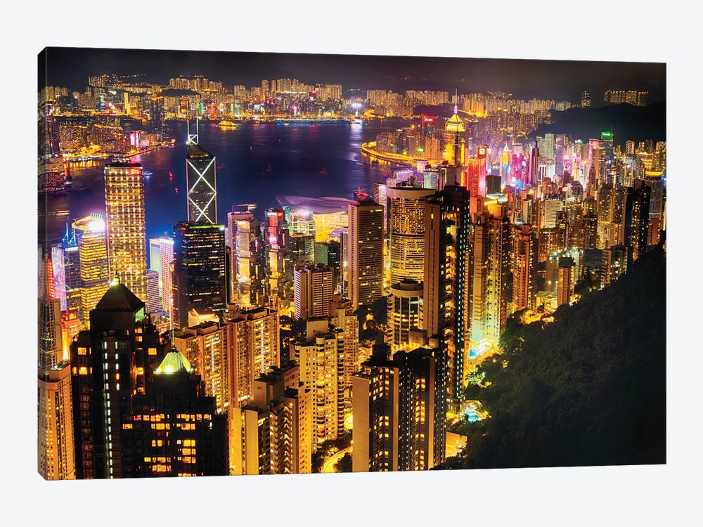 Hong Kong Night Skyline by George Oze 1-piece Canvas Art Print