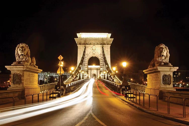 Lion Sculptures Of The Chain Bridge At Night, Budapest, Hungary