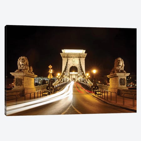 Lion Sculptures Of The Chain Bridge At Night, Budapest, Hungary Canvas Print #GOZ264} by George Oze Canvas Artwork