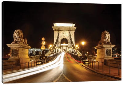 Lion Sculptures Of The Chain Bridge At Night, Budapest, Hungary Canvas Art Print - George Oze
