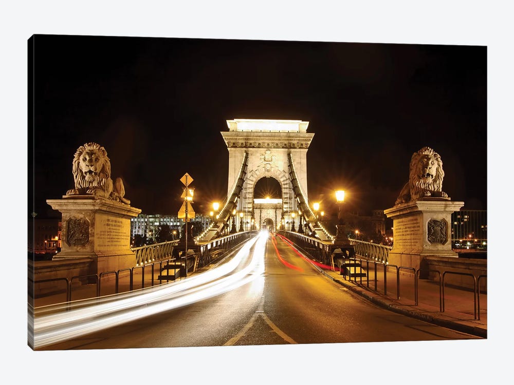 Lion Sculptures Of The Chain Bridge At Night, Budapest, Hungary by George Oze 1-piece Canvas Art
