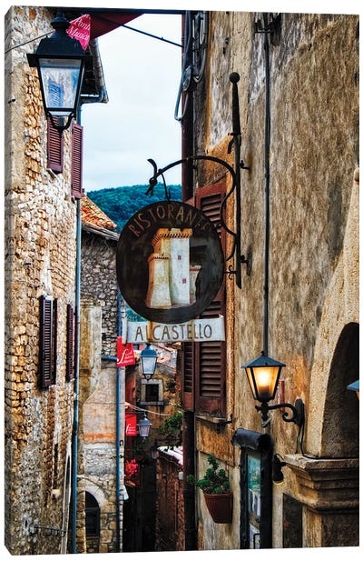 Narrow Medieval Street With Signs And Lamps, Sermoneta, Italy Canvas Art Print - George Oze