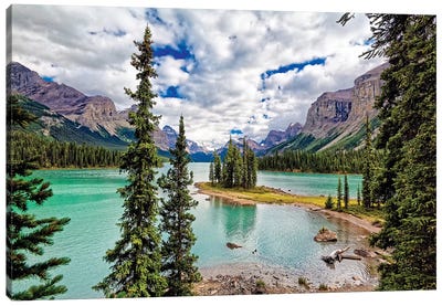 Spirit Island View, Maligne Lake, Alberta, Canada Canvas Art Print - Evergreen Tree Art
