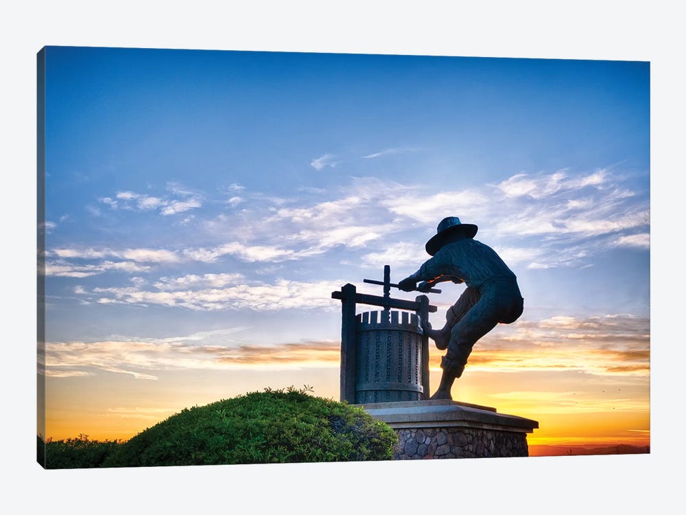 The Grape Crusher Statue Agains Dramatic Sky, Napa Valley, California by George Oze 1-piece Canvas Artwork