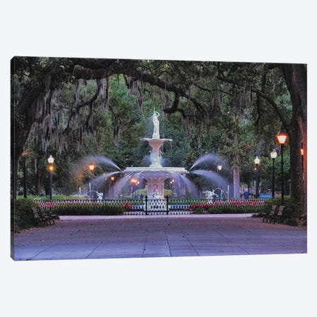 View Of The Forsyth Park Fountain Through Spanish Moss Draped Oak Trees Canvas Print #GOZ289} by George Oze Canvas Art Print