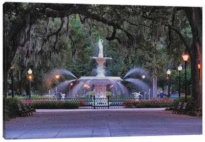 View Of The Forsyth Park Fountain Through Spanish Moss Draped Oak Trees Canvas Art Print - Urban Scenic Photography