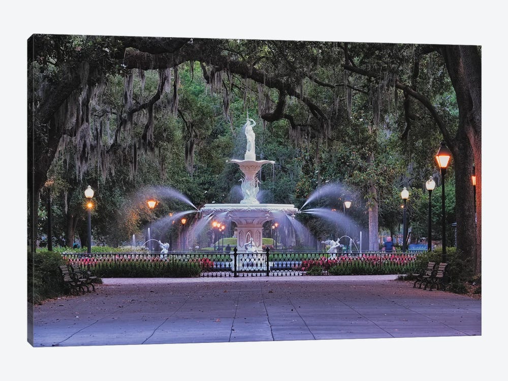 View Of The Forsyth Park Fountain Through Spanish Moss Draped Oak Trees by George Oze 1-piece Canvas Art Print