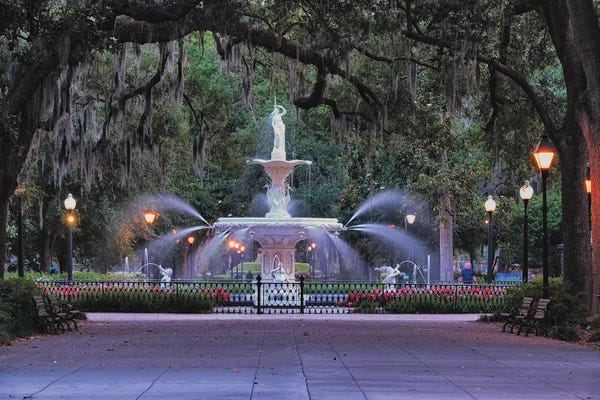 George Oze: View Of The Forsyth Park Fountain Through Spanish Moss Draped Oak Trees by George Oze