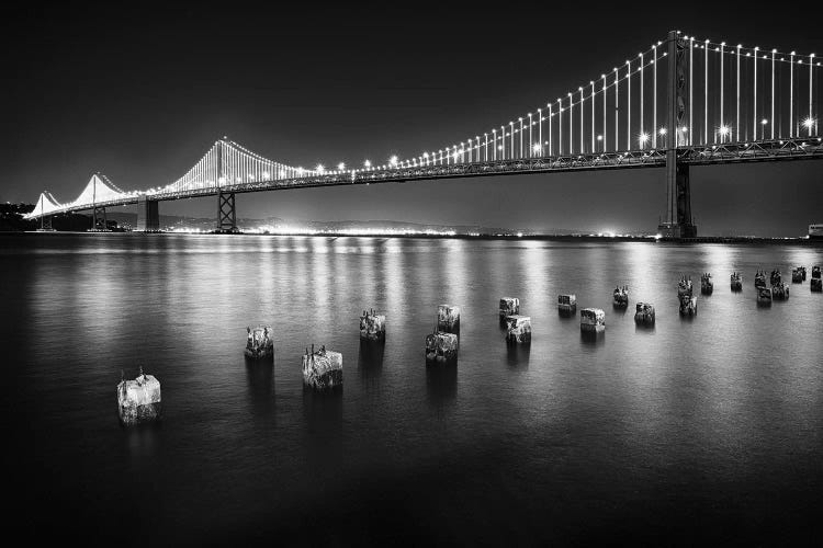 A Suspension Bridge Lit Up at Night, Bay Bridge Western Section, San Francisco, California