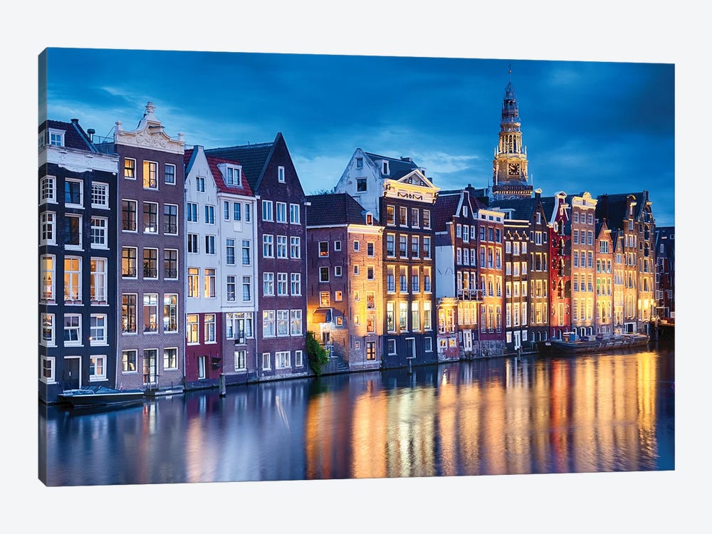 Amsterdam Old City At Night With The Oude Church, The Netherlands by George Oze 1-piece Art Print