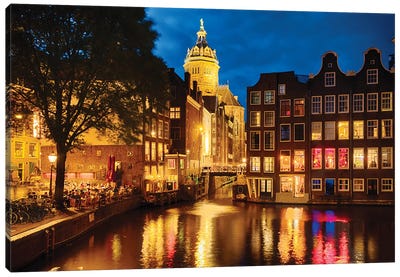 Night In Amsredam With Illuminated Buildings, Netherlands Canvas Art Print - George Oze