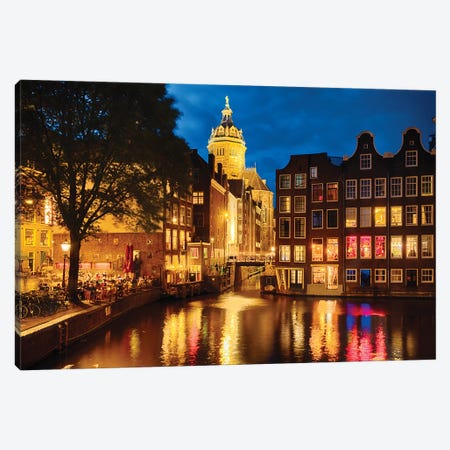 Night In Amsredam With Illuminated Buildings, Netherlands Canvas Print #GOZ303} by George Oze Canvas Art