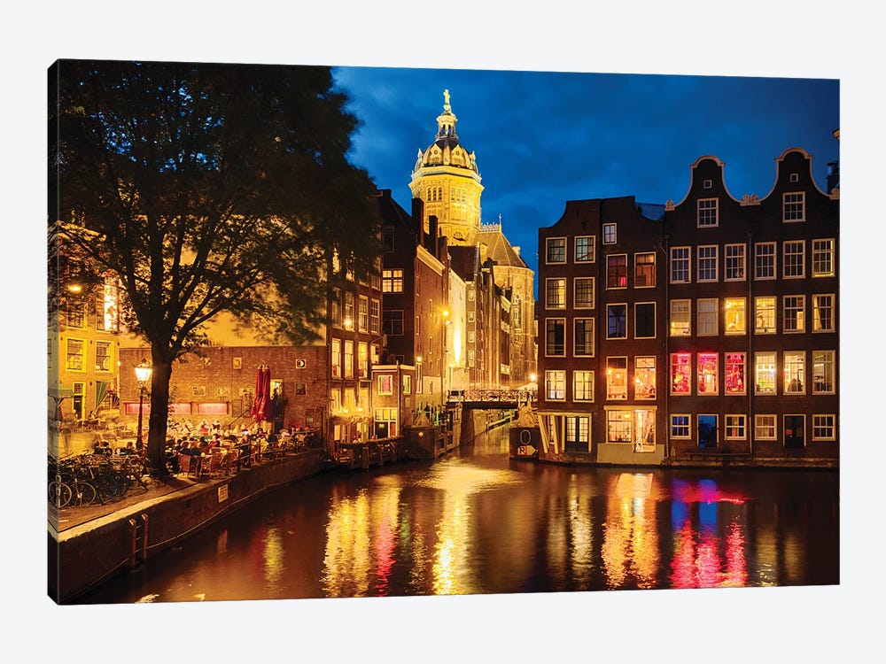 Night In Amsredam With Illuminated Buildings, Netherlands by George Oze 1-piece Canvas Artwork