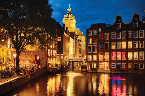 George Oze: Night In Amsredam With Illuminated Buildings, Netherlands by George Oze