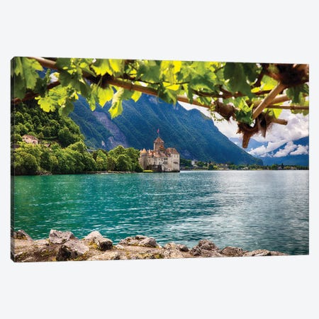 Castle View on Lake Geneva, Chillon Castle, Switzerland Canvas Print #GOZ30} by George Oze Canvas Art