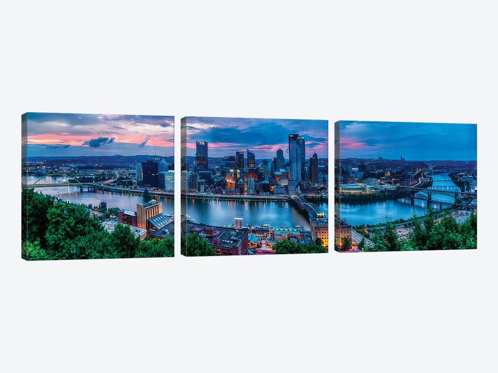 Skyline Panorama Of Pittsburgh Viewed From Mount Washington by George Oze 3-piece Canvas Wall Art