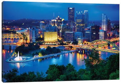 Pittsburgh Downtown Night Scenic View Canvas Art Print - Pittsburgh Art